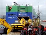 ID 2533 PLATINUM RAY (2000/57772grt/IMO 9210438) loading JCB's and tractors at 43 berth on her maiden call at Southampton, England.